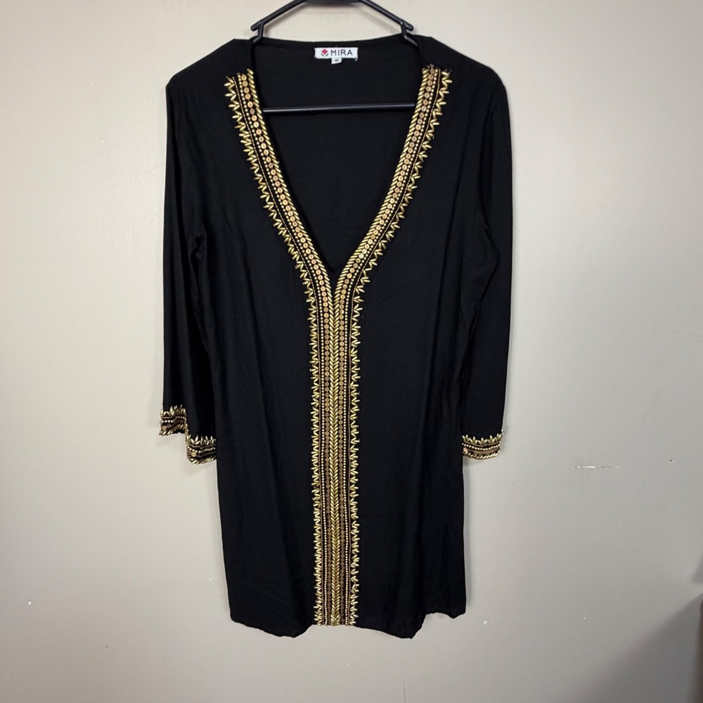 Mira Womens Black Gold Beaded Sequin V-Neck Tunic Dress Size M 3/4 Sleeve